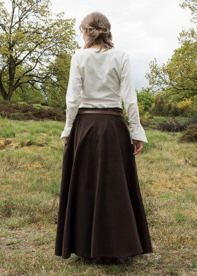 Dos de la jupe unie marron en coton, porté en extérieur pour reconstitution, GN ou LARP