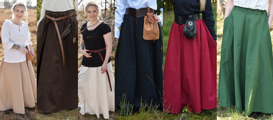 Jupe unie évasée en coton présentée en beige, marron, naturel, noir, rouge et vert pour reconstitution, GN ou LARP