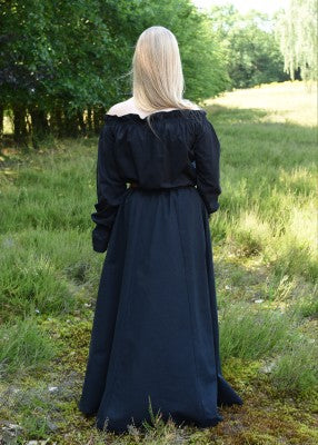 Dos de la jupe unie noire en coton, montrant le tombé évasé pour reconstitution, GN ou LARP