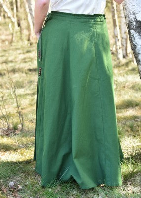 Dos de la jupe unie verte en coton, porté en extérieur pour reconstitution, GN ou LARP