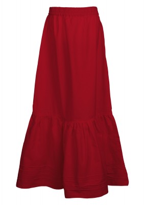 Jupon médiéval rouge en coton présenté à plat, avec taille élastiquée et volant froncé en bas