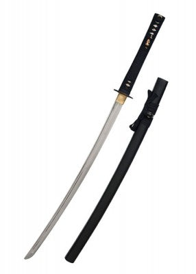 Katana John Lee Ikusa – SK-A, acier gris et noir, vue fond blanc poignée tsuka en gros plan, combat scénique, GN et LARP