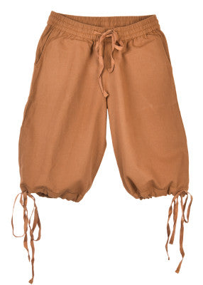 Pantalon court Jonte pour enfant en coton marron, présenté de face avec taille élastiquée pour reconstitution, GN ou LARP enfant