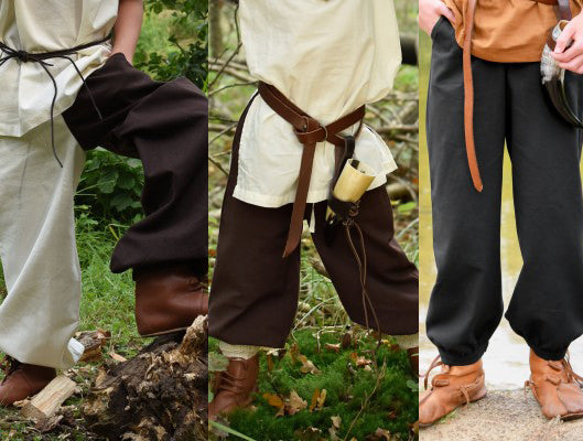 Pantalon large Thore pour enfant en coton, aperçu des 3 coloris noir, brun et brun naturel pour reconstitution, GN et LARP