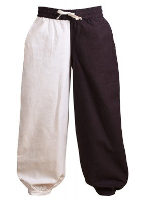 Pantalon large Thore pour enfant en coton brun et naturel, présenté de face avec taille élastiquée pour reconstitution, GN ou LARP