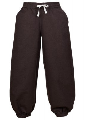 Pantalon large Thore pour enfant en coton brun, présenté de face avec taille élastiquée et lien pour reconstitution, GN ou LARP