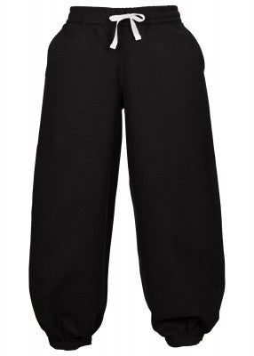 Pantalon large Thore pour enfant en coton noir, présenté de face avec lien de réglage pour reconstitution, GN ou LARP enfant