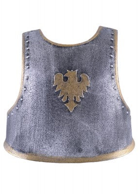 Plastron de chevalier pour enfant en plastique aspect acier, vue de face avec décor laiton pour déguisement, GN ou LARP enfant