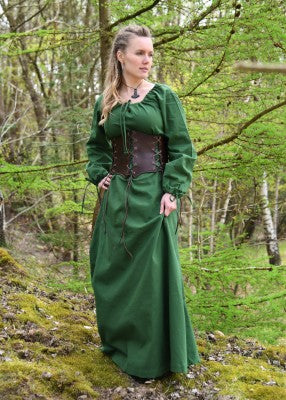 Robe médiévale Ana en coton – vert – tenue reconstitution avec corset, encolure froncée à lien, robe longue ample en forêt