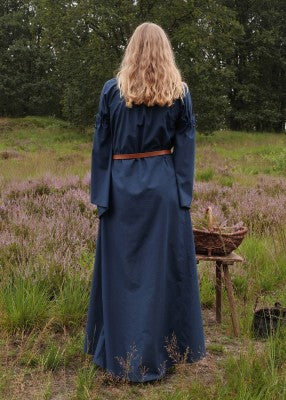 Vue arrière de la robe Burglinde bleue à manches trompette pour reconstitution historique, GN et LARP