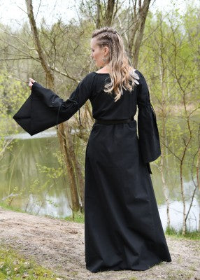 Vue arrière de la robe Burglinde noire à manches trompette pour reconstitution historique, GN et LARP