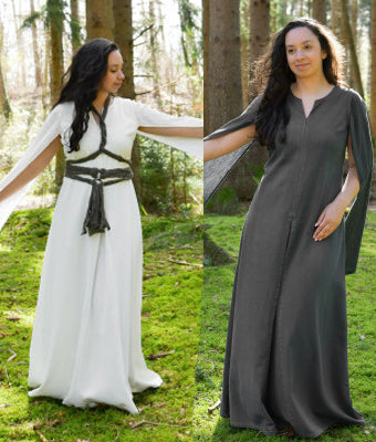 Robe Elira à manches longues en coton, aperçu des coloris naturel et gris portés en forêt pour reconstitution, GN et LARP