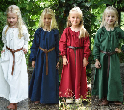 Robe Ana pour enfant en coton, aperçu des 4 coloris blanc, bleu, rouge et vert pour reconstitution, GN et LARP enfant