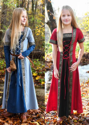 Robe Eleanor pour enfant en coton, aperçu des 2 coloris bleu-gris et rouge-noir pour reconstitution, GN et LARP enfant