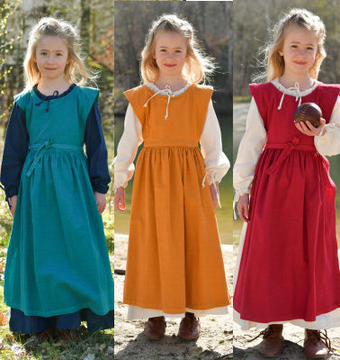 Robe Lilou pour enfant en coton, aperçu des 3 coloris bleu, orange et rouge pour événements de reconstitution, GN et LARP enfant