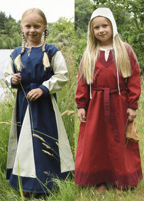 Robe viking Solveig pour enfant en coton, aperçu des 2 coloris rouge/bordeaux et bleu/blanc, pour reconstitution, GN et LARP enfant
