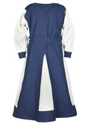 Robe viking Solveig pour enfant en coton bleu/blanc, vue de dos sur fond clair avec ceinture, pour reconstitution, GN et LARP enfant