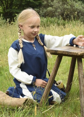 Robe viking Solveig pour enfant en coton bleu/blanc, portée assise en extérieur avec ceinture, pour reconstitution, GN et LARP enfant
