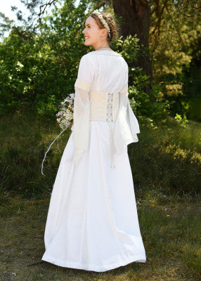 Vue de dos de la robe blanche Fine avec corsage lacé, jupe longue et manches fendues pour mariage, reconstitution, GN ou LARP