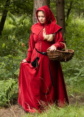 Robe cotehardie Isabell rouge en velours, portée avec cape et panier pour reconstitution historique, GN et LARP