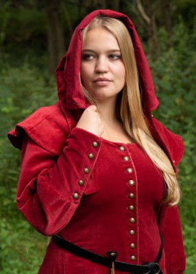 Portrait de la robe cotehardie Isabell rouge en velours avec capuche pour reconstitution historique, GN et LARP