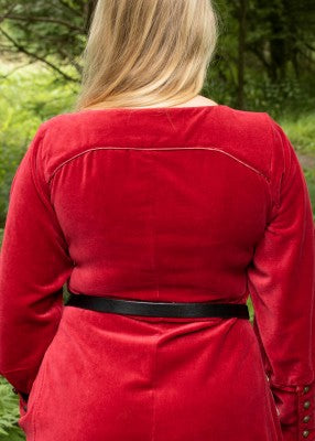 Vue arrière du haut de la robe cotehardie Isabell rouge en velours avec ceinture