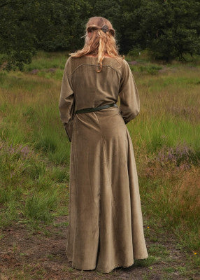 Vue arrière de la robe cotehardie Isabell verte en velours pour reconstitution historique, GN et LARP