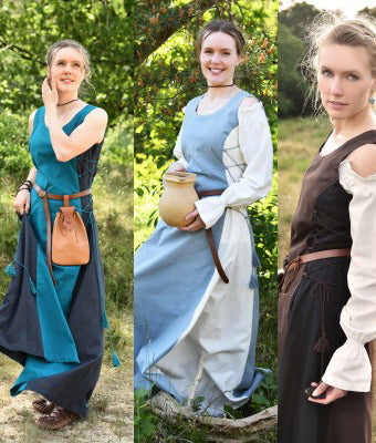 Trois robes sans manches Jarle portées, déclinaisons bleu pétrole, bleu gris et brun, panneaux contrastés et laçage latéral