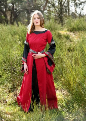 Robe bliaut Joséphine rouge et noire en coton, avec manches trompette et jupe évasée pour reconstitution, GN ou LARP