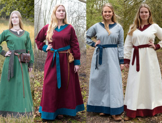 Robe viking Jona en coton canvas, aperçu des 4 coloris vert, bordeaux, bleu gris et naturel pour reconstitution, GN et LARP