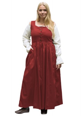 Robe médiévale Lene rouge foncé sans manches, photo sur fond blanc, poches aux hanches, jupe froncée, boutonnage bois, au dos