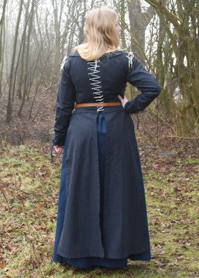 Vue arrière de la sur-robe Marit bleu foncé avec jupe légèrement évasée pour reconstitution historique, GN et LARP