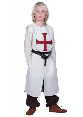 Tabard templier Alexander pour enfant en coton naturel, présenté de face sur fond clair pour reconstitution, GN ou LARP enfant