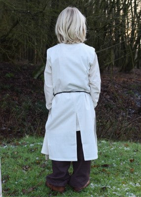 Tabard de l’Ordre teutonique pour enfant en coton blanc et noir, porté de dos avec fente arrière pour reconstitution, GN ou LARP enfant