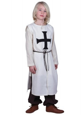Tabard de l’Ordre teutonique pour enfant en coton blanc et noir, présenté de face sur fond clair pour reconstitution, GN ou LARP enfant