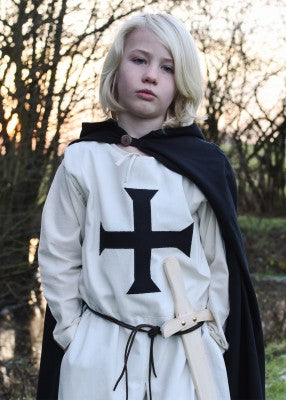 Tabard de l’Ordre teutonique pour enfant en coton blanc et noir, portrait avec cape et fourreau pour reconstitution, GN ou LARP enfant