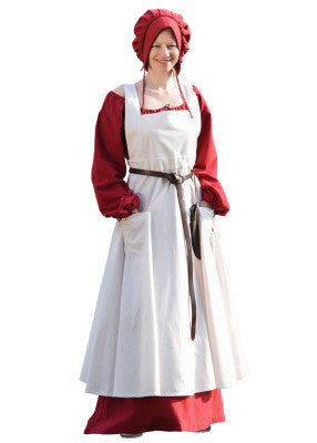 Tablier Ruth médiéval - coloris naturel, coton naturel, vue de face fond blanc, porté sur robe rouge, reconstitution GN LARP