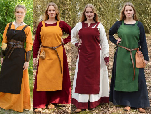 Tablier viking Tinna en 4 coloris : brun, jaune, rouge et vert, porté sur robe ou tunique pour reconstitution, GN ou LARP