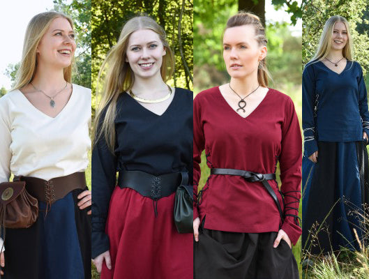 Tunique Aila lacée en 4 coloris, naturel, noir, bleu et bordeaux, avec laçages à la taille et aux manches, pour reconstitution, GN ou LARP