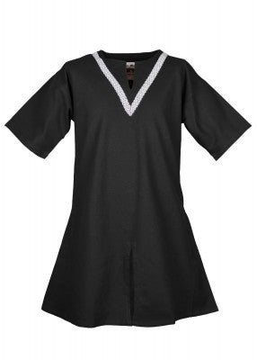 Tunique Ailrik en coton noir, présentée de face sur fond clair avec bordure décorative, pour reconstitution historique, GN ou LARP