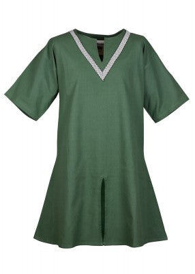 Tunique Ailrik en coton vert, présentée de face sur fond clair avec bordure décorative, pour reconstitution historique, GN ou LARP