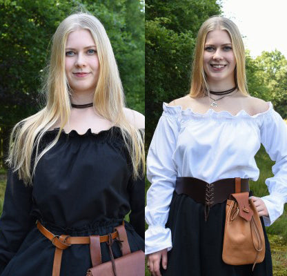Tunique Carmen en 2 coloris, blanc et noir, avec épaules dénudées et manches longues, pour reconstitution, GN ou LARP