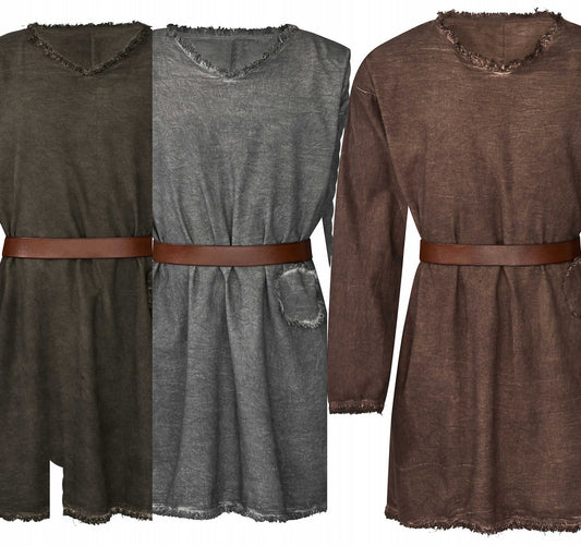 Tunique Einfalp médiévale – 3 coloris, coton brun gris vert, vue de face des trois versions, reconstitution médiévale GN LARP