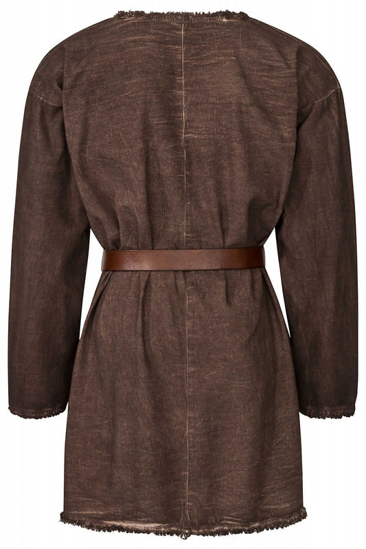 Tunique Einfalp médiévale – 3 coloris, coton brun, vue de dos ceinturée, bords effilochés, reconstitution médiévale GN LARP