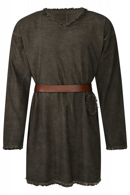 Tunique Einfalp médiévale – 3 coloris, coton vert, vue de face ceinturée, bords effilochés, reconstitution médiévale GN LARP