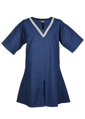 Tunique Ailrik pour enfant en coton bleu, présentée de face avec bordure décorative pour reconstitution, GN ou LARP enfant