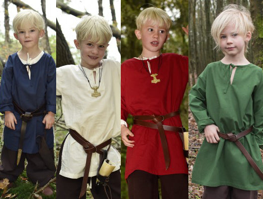 Tunique Arn pour enfant en coton, aperçu des 4 coloris blanc, rouge, bleu et vert pour reconstitution, GN et LARP enfant