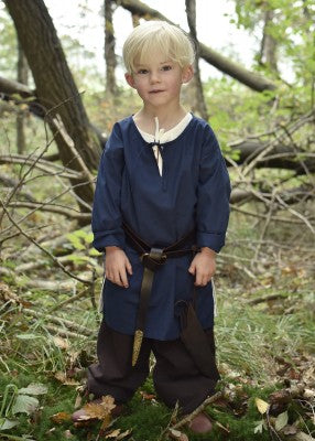 Tunique Arn pour enfant en coton bleu, portée de face en extérieur avec ceinture pour reconstitution, GN ou LARP enfant