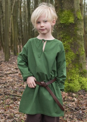 Tunique Arn pour enfant en coton vert, portée de face en extérieur avec ceinture pour reconstitution, GN ou LARP enfant