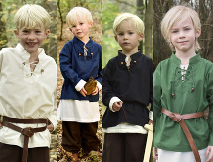 Tunique Colin à lacets pour enfant en coton, aperçu des 4 coloris blanc, noir, bleu et vert pour reconstitution, GN et LARP enfant